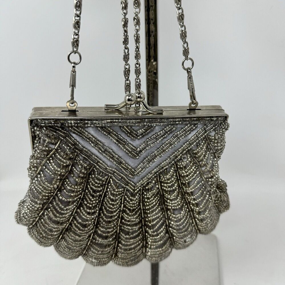 Bijoux‎ Terner Evening Clutch Silver Beaded Pattern Spider Web Shoulder Strap